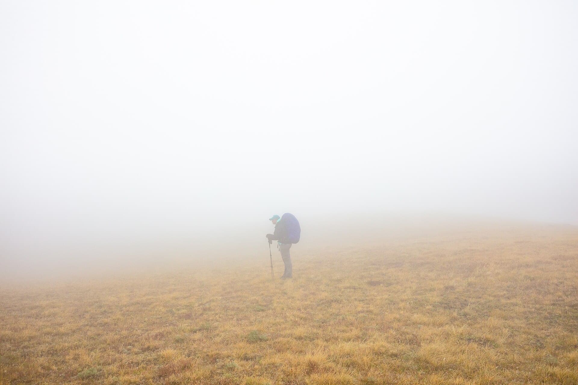 A hiker searching for trail markers in low-visibility conditions